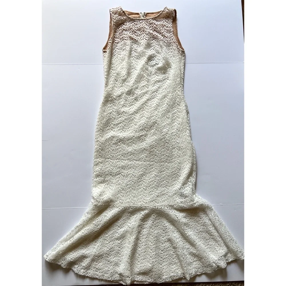 Lauren Ralph Lauren Dress Floral Lace Yoke Midi in White & Wheat Sz 2 - Picture 3 of 10